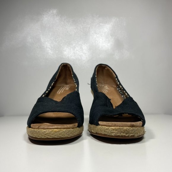 Toms Women Shoes Twill Espadrilles Cork Peep Toe Wedge Black Sz 7 - Picture 3 of 16